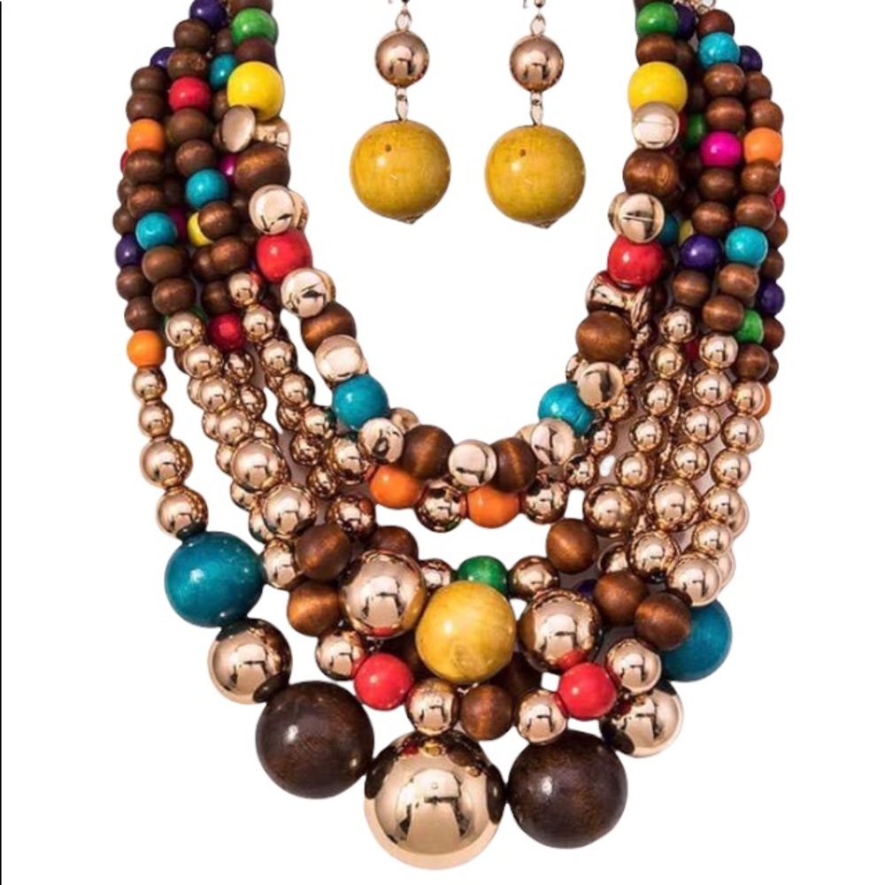 🎉Free Earrings🎊 Gold Beads & Rainbow Pearls Statement Necklace
